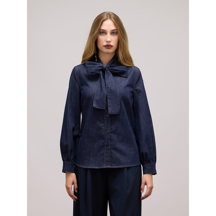 Oltre - Denim shirt with bow - Azul