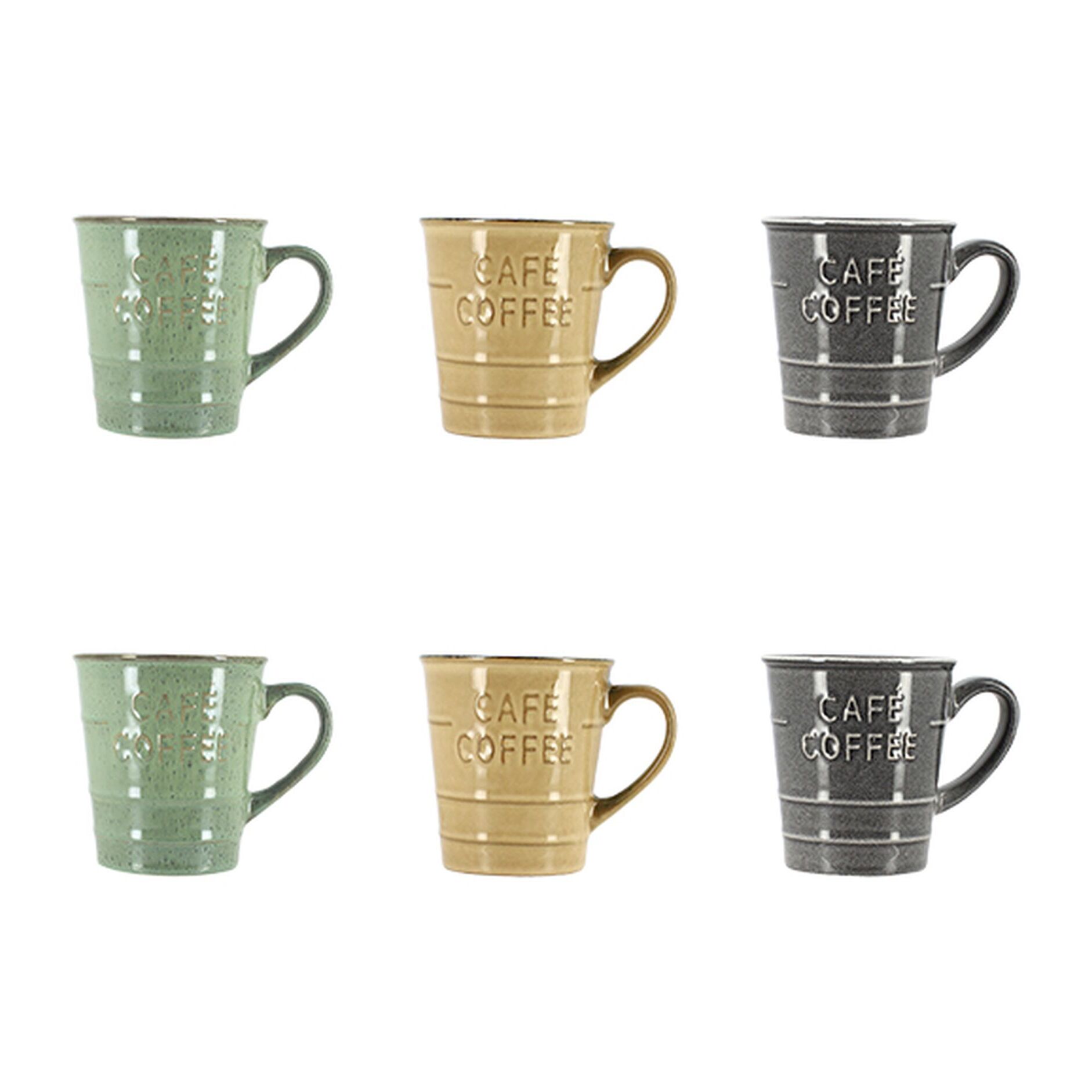 Lot 6 mugs coffee time 21cl en grès 3 couleurs assorties