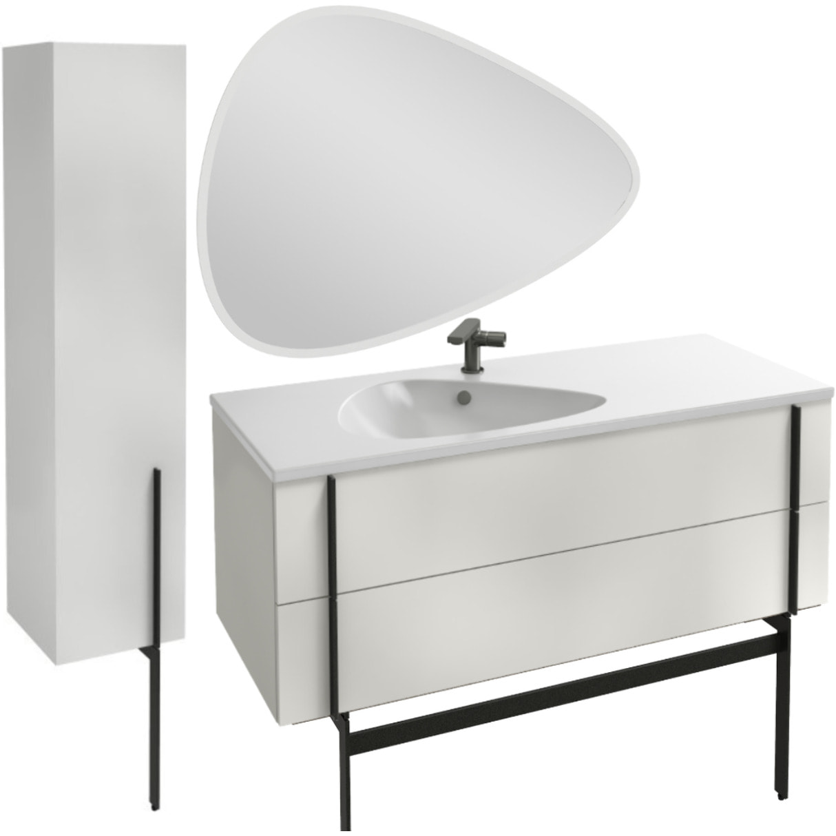 Meuble de salle de bain 120 cm Nouvelle Vague blanc brillant + colonne version gauche + miroir + pied