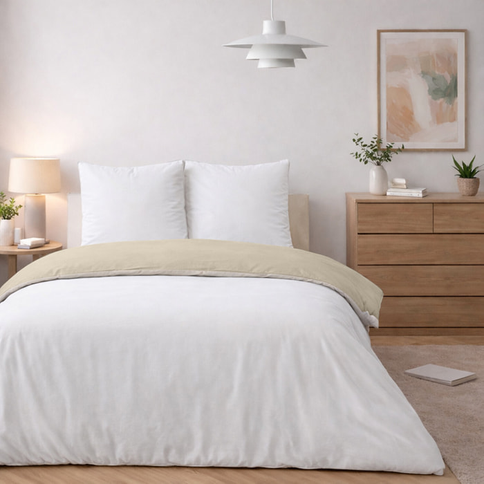 Parure housse de couette + taie(s) 100% coton lavé - vicky bicolore blanc beige