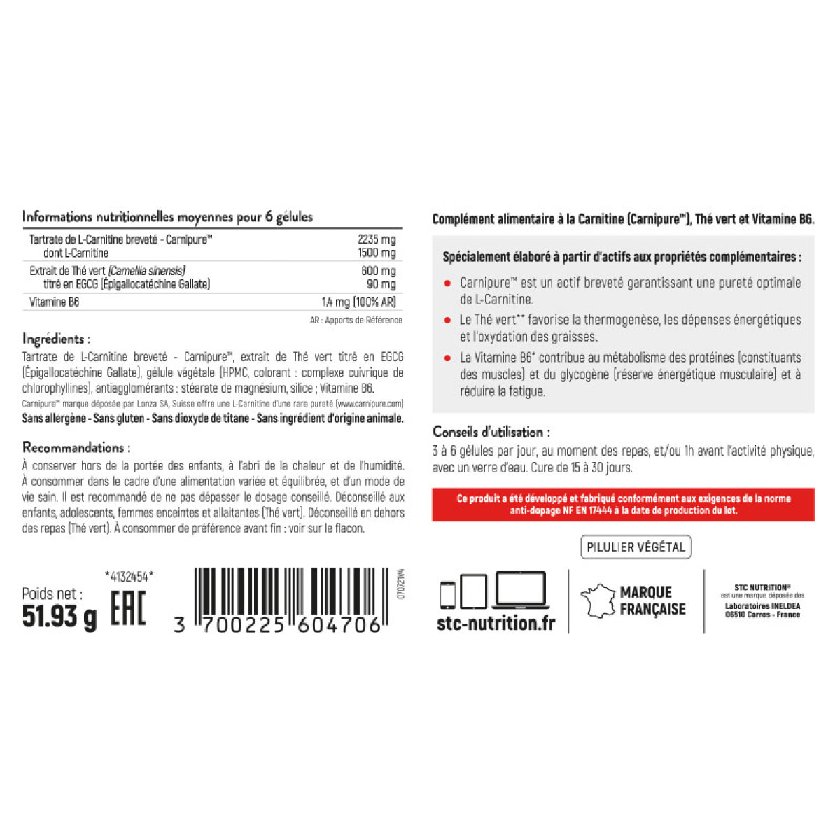 Carnitine Complex - Action brûle-graisses démontrée - Active la thermogénèse - 1500 mg L-Carnitine + Thé Vert - Vegan - Cure 30j