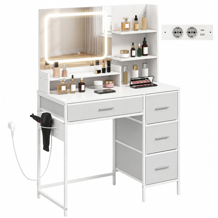 Tocador de Maquillaje con Espejo LED, Tocador con Estación de Carga, 3 Colores de Luz, 4 Cajones, 5 Estantes Abiertos, Soporte para Secador y Estructura Metálica, para Dormitorio, Blanco