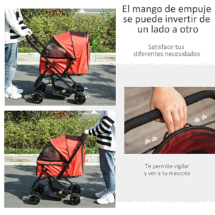 Cochecito para Mascotas Plegable Carrito para Perros Gatos con Toldo Ajustable Cesta de Almacenaje Correas de Seguridad y Frenos Tela Oxford 600D Acero 76,5x52x95 cm Rojo