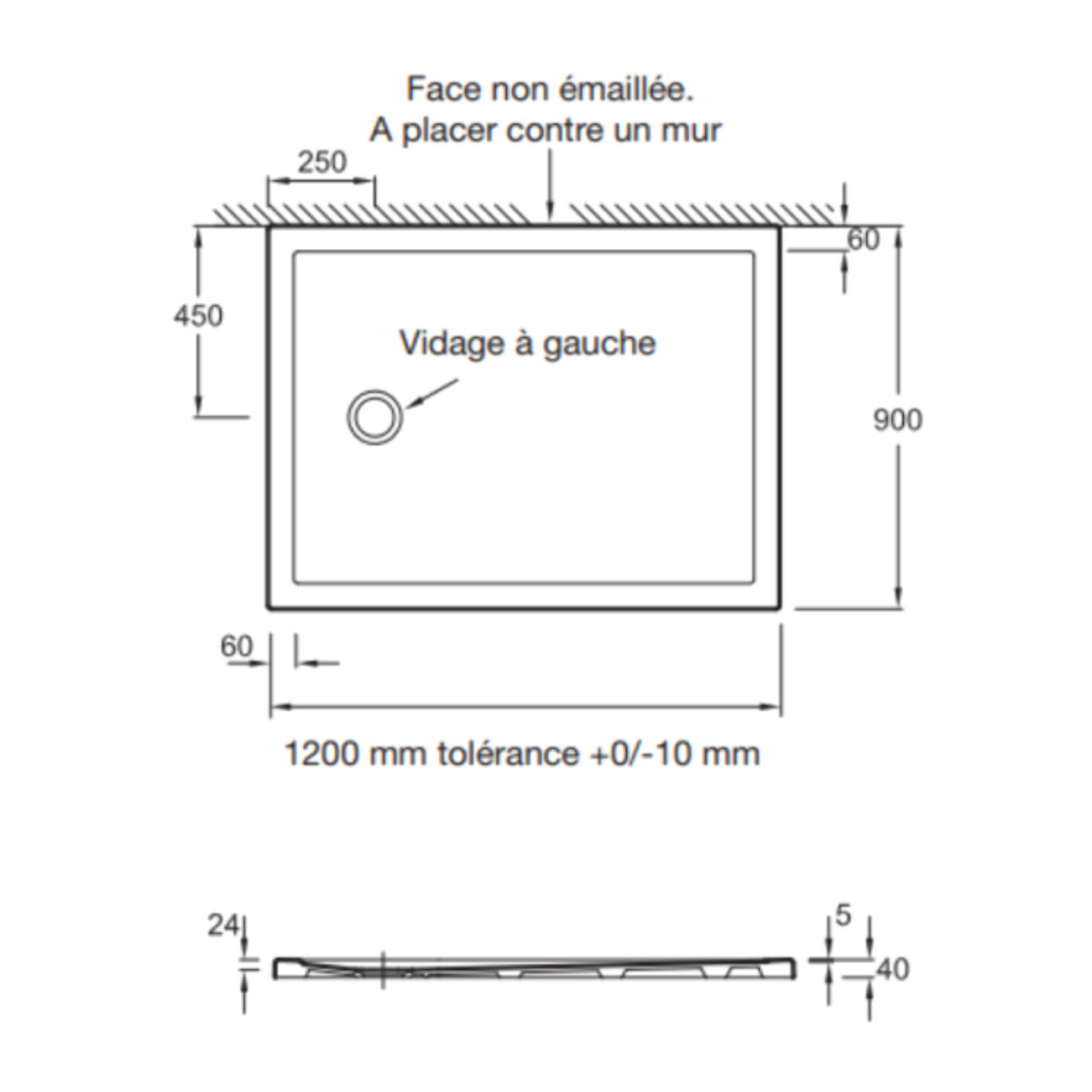 Receveur de douche 120 x 90 Gaspard extra-plat céramique bonde à gauche