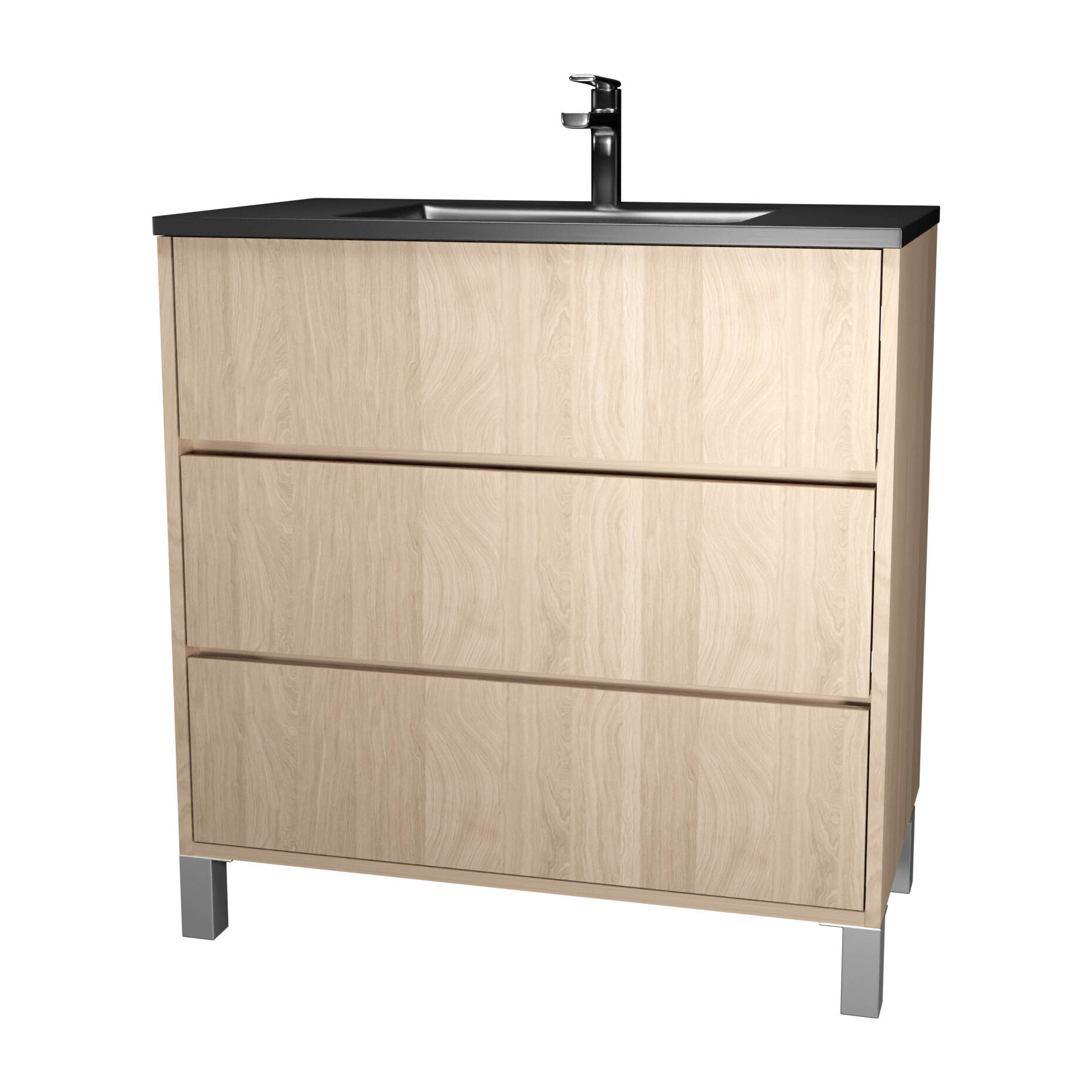 Meuble de salle de bains 80 cm 3 Tiroirs Chêne Clair + Vasque Céramique Noire - XENOS