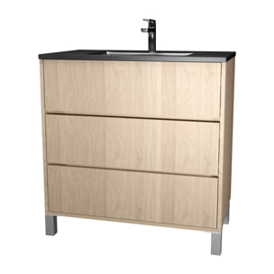 Meuble de salle de bains 80 cm 3 Tiroirs Chêne Clair + Vasque Céramique Noire - XENOS