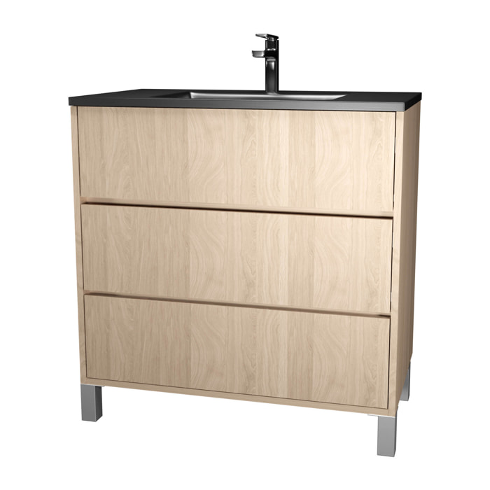 Meuble de salle de bains 80 cm 3 Tiroirs Chêne Clair + Vasque Céramique Noire - XENOS