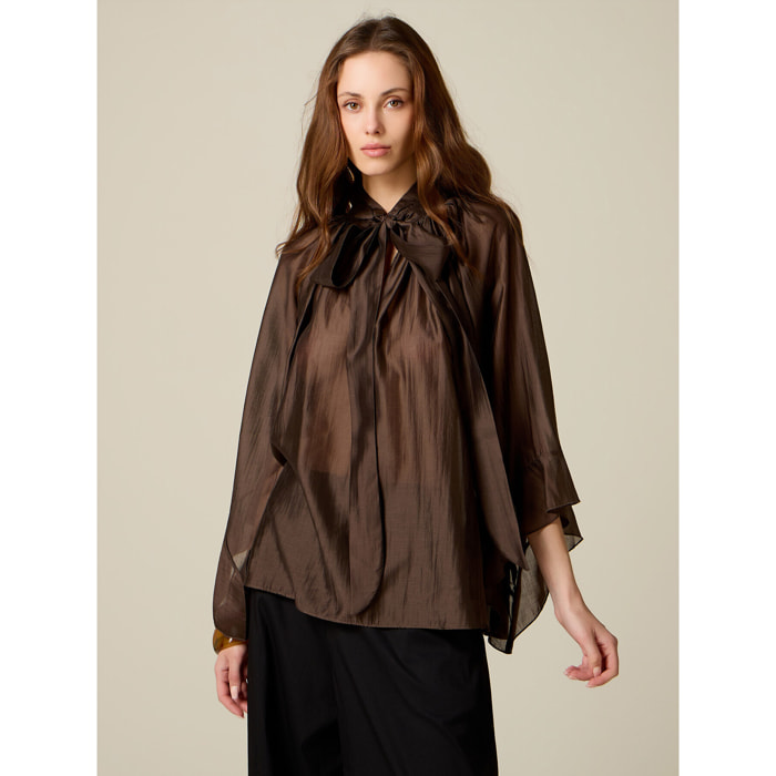 Oltre - Blusa in voile con fiocco - Marrone