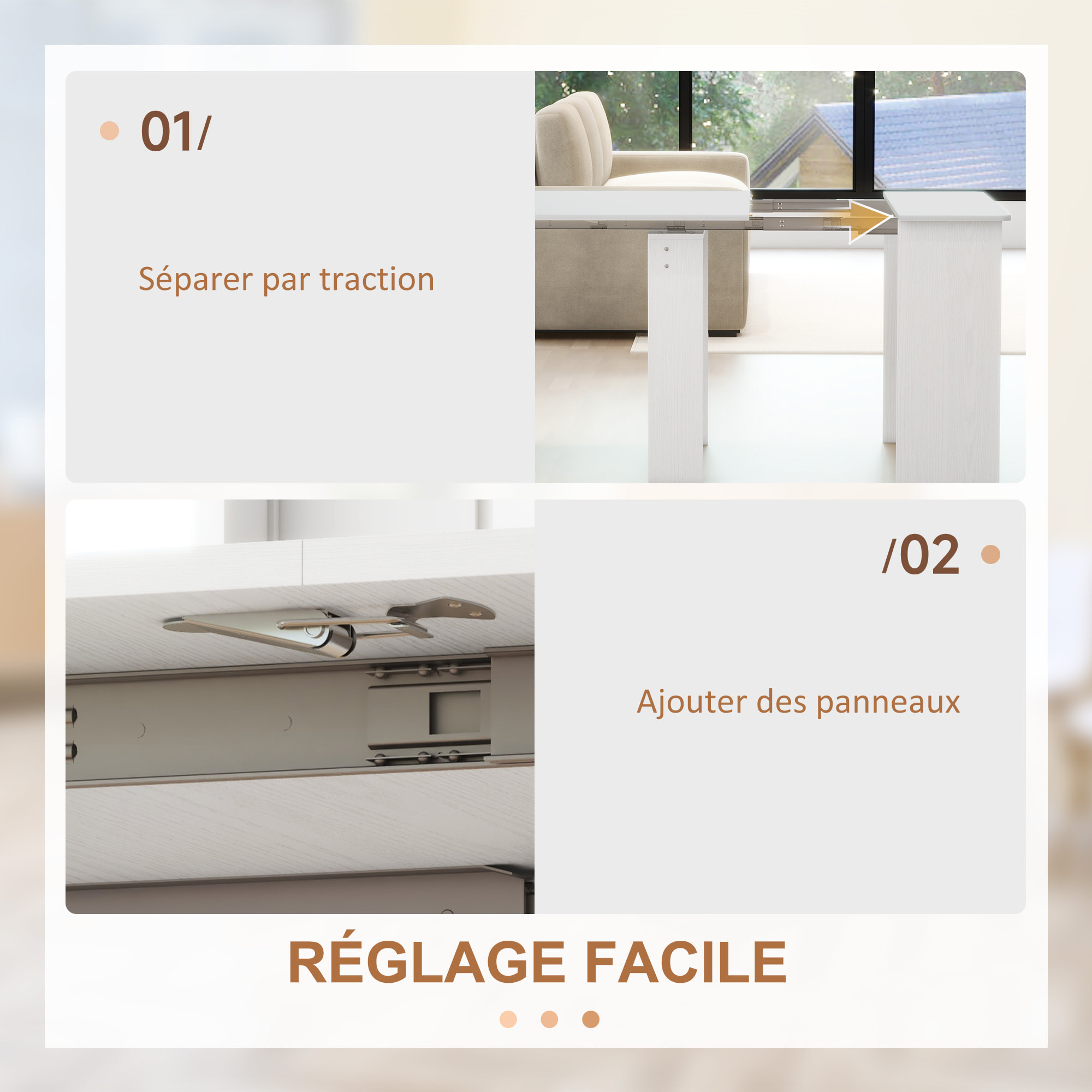 Table console extensible 6 personnes avec rallonges intégrées 85 x 60-180 x 75 cm blanc
