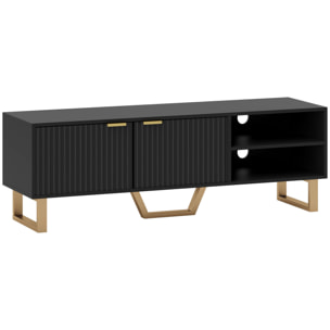 Meuble TV design contemporain 2 portes effet cannelé 2 niches piètement poignées métal doré MDF noir