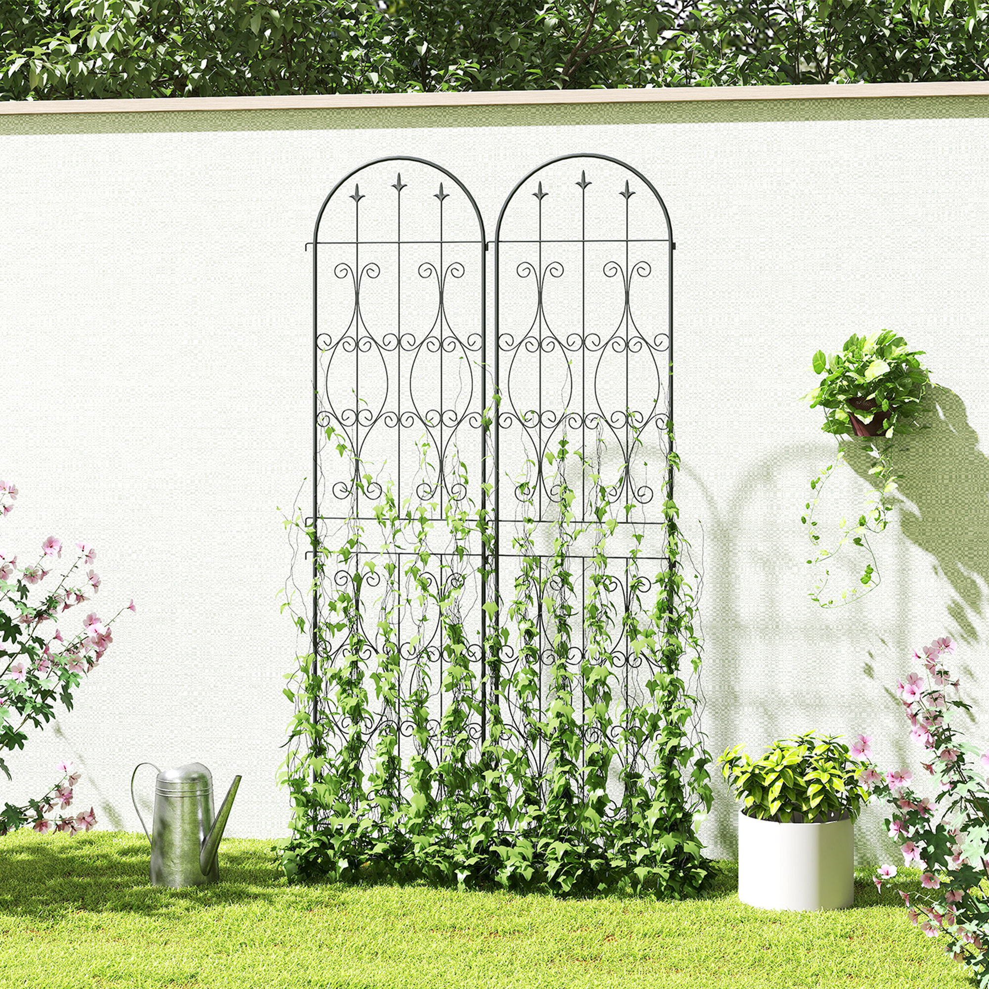 Treillis de jardin effet fer forgé pointe de fleur de lys  - 2 supports plantes grimpantes - 50 x 220 cm - métal époxy noir