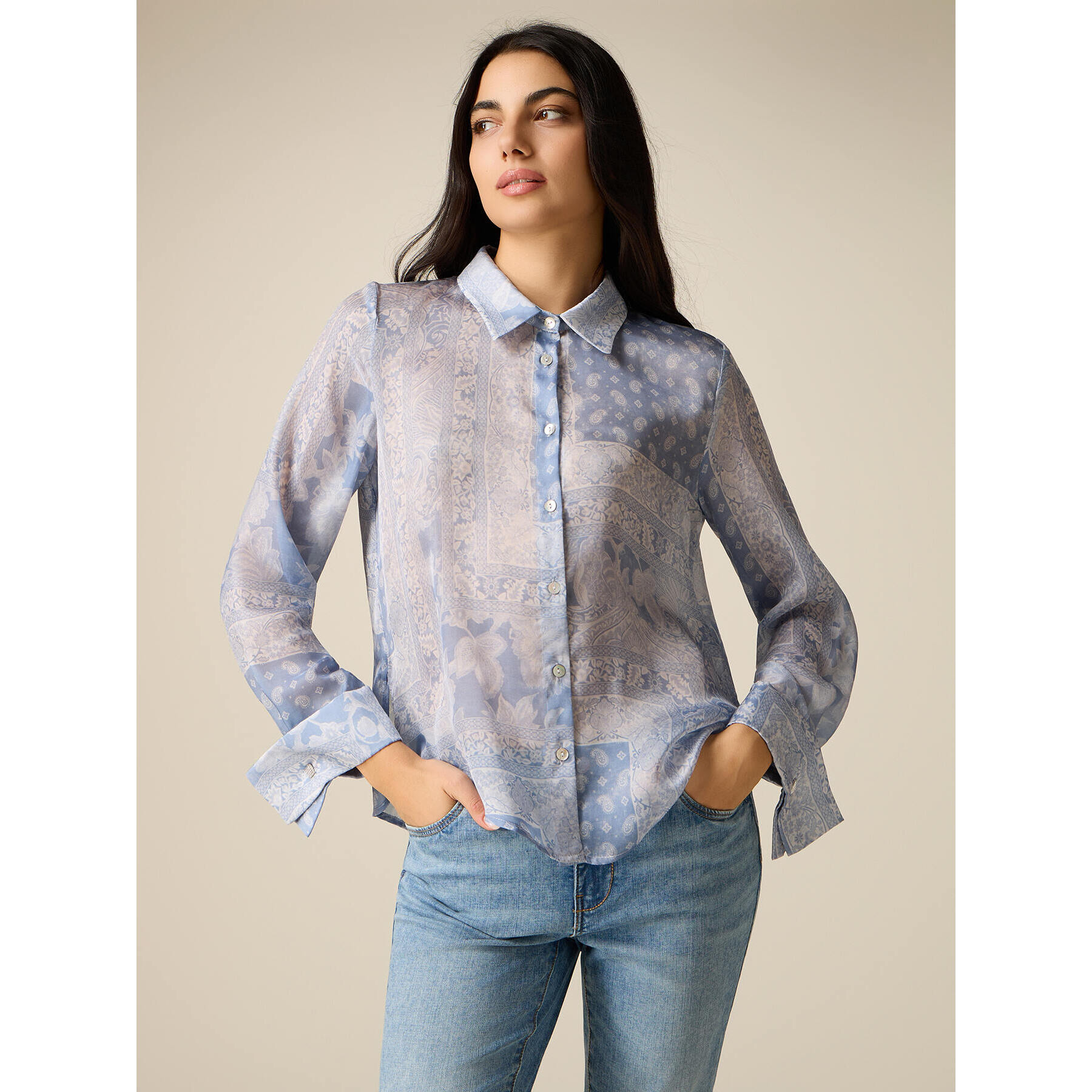 Oltre - Camisa de raso estampado pañuelo - Light - blue