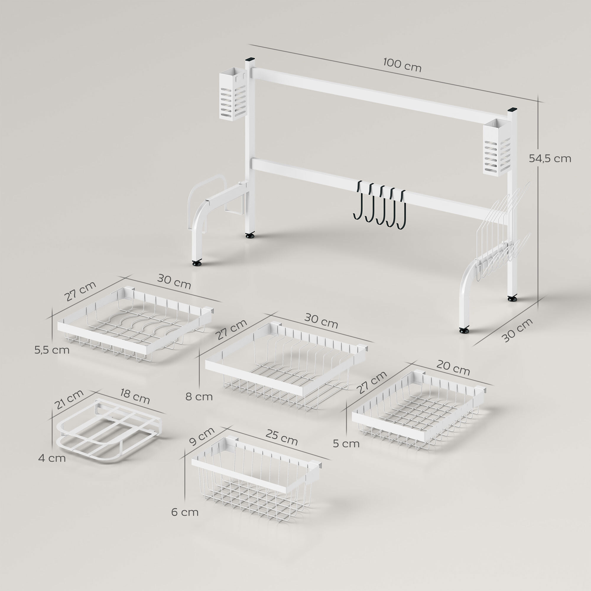 Escurreplatos sobre Fregadero de Acero Escurridor de Platos de 2 Niveles con Soporte para Tabla de Cortar Soporte de Cubiertos 100x30x54,5 cm Blanco