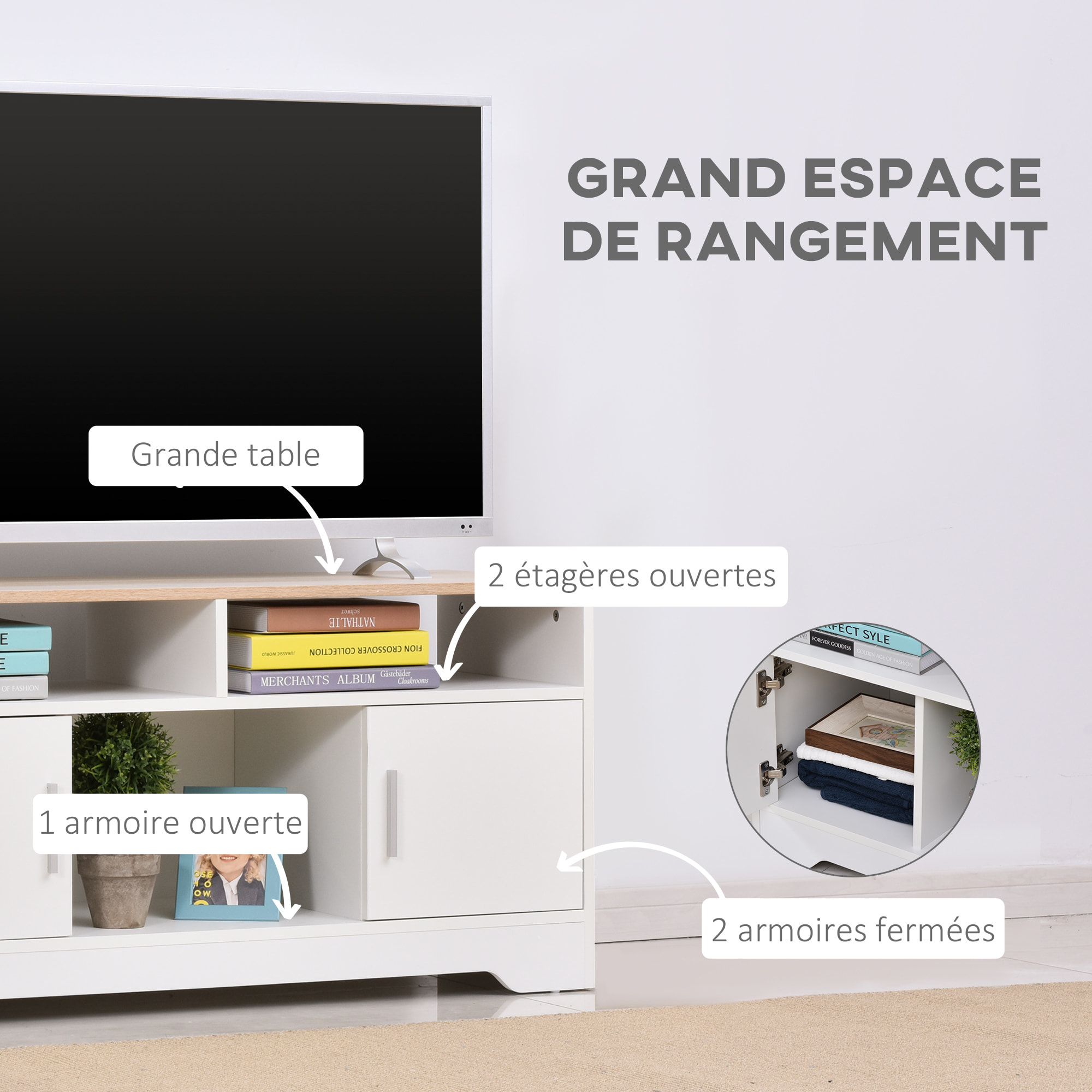 Meuble TV avec 2 Compartiments Ouverts 2 Armoires à Porte Armoire Ouverte