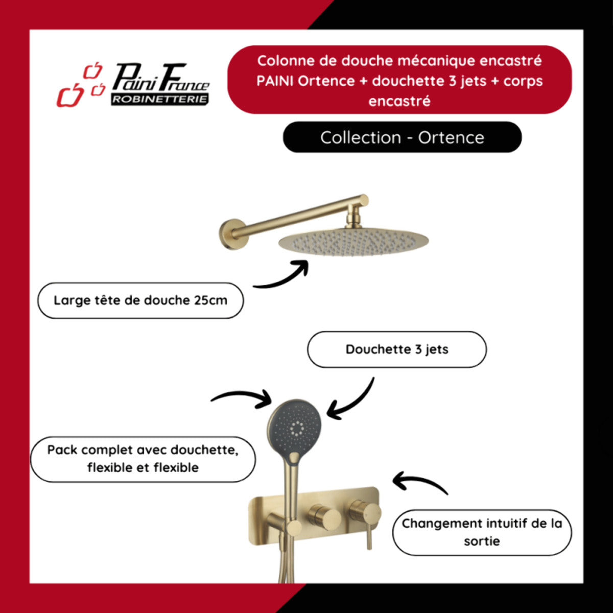 Colonne de douche mécanique encastré PAINI Ortence  laiton brossé + douchette 3 jets + corps encastré