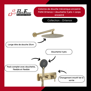Colonne de douche mécanique encastré PAINI Ortence  laiton brossé + douchette 3 jets + corps encastré