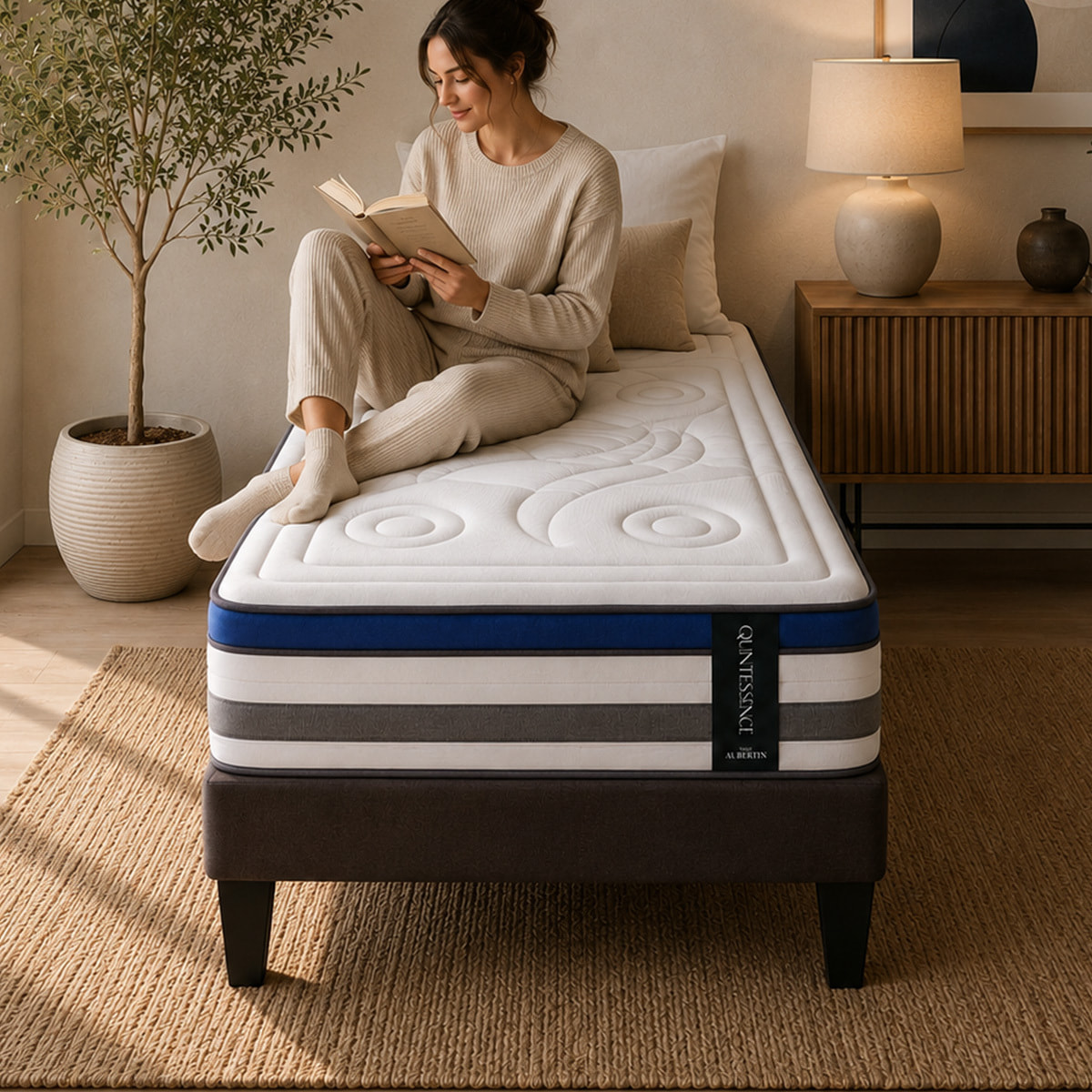 Ensemble Matelas Quintessence & Sommier Kit Tissu, Mémoire de Forme & Haute Densité, 30 cm, Accueil Enveloppant, Soutien Ferme