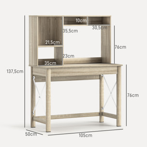 Bureau bibliothèque 2 en 1 - 3 niches 4 espaces de rangement - panneaux particules aspect bois clair métal blanc