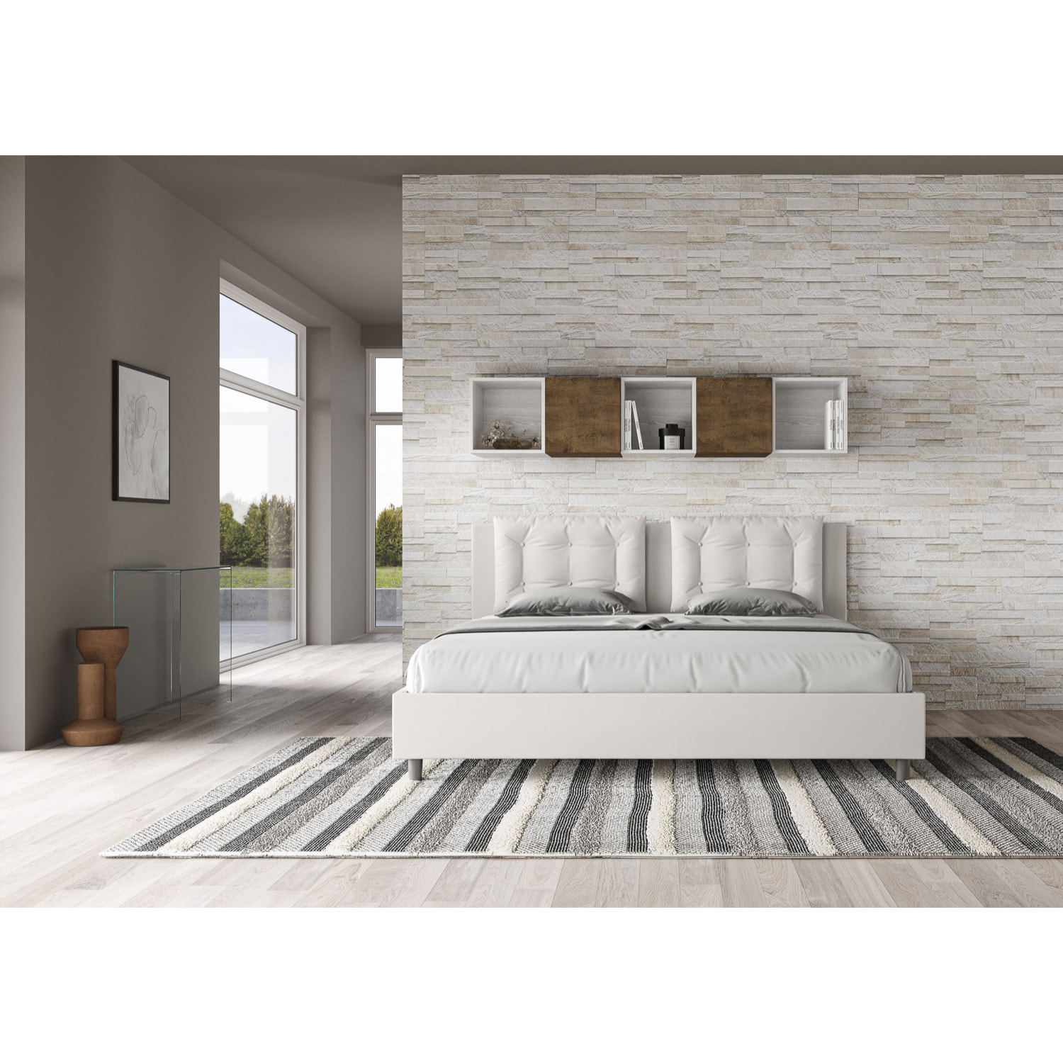 Lit king size sans sommier rembourré 200x200 similicuir blanc Annalisa