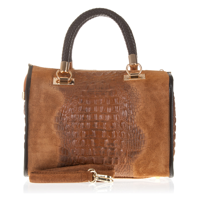 FIRENZE ARTEGIANI Borsa Tote da Donna Anacapri. Vera Pelle Scamosciata Incisione Coccodrillo Made in Italy 30x15x22 Cm. colore marrone