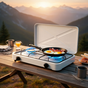 Fornello A Gas Portatile 2 Fuochi con Coperchio Piano Cottura Campeggio GPL Gas Naturale Fornello da Camping In Acciaio Con Griglie Bianco