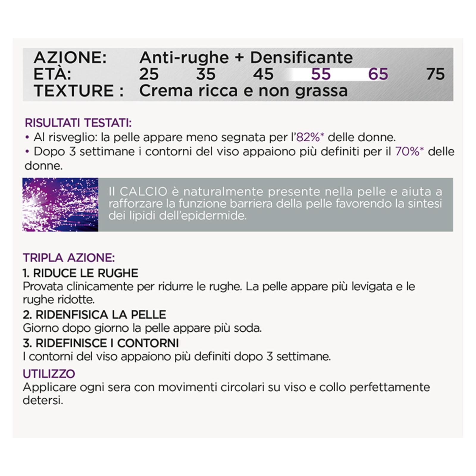 Crema Viso Trattamento Densificante Notte Attiva Anti-Rughe 55+ Calcium Idratante 50ml