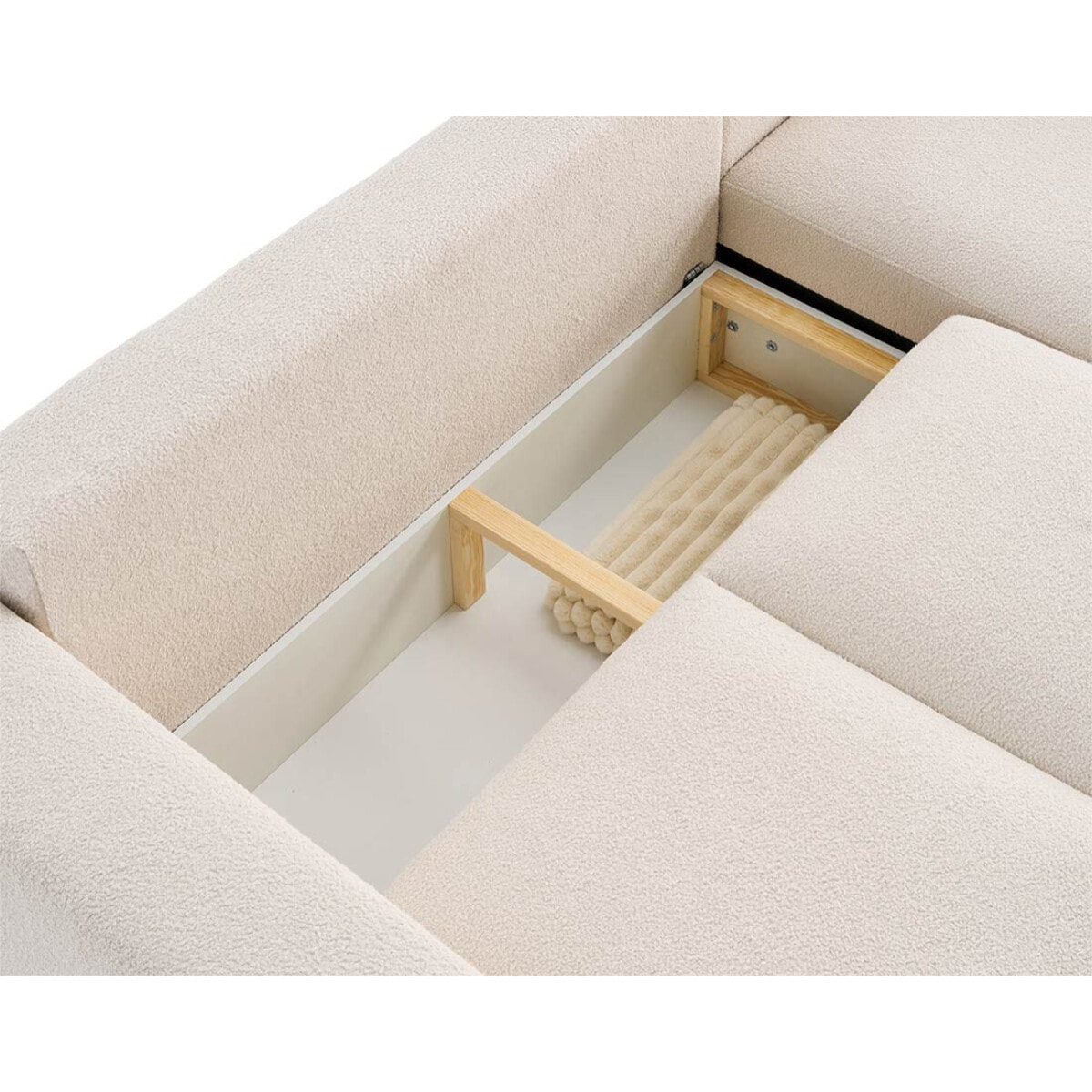 Livy - canapé d'angle réversible 4 places convertible avec coffre en tissu bouclette - Beige