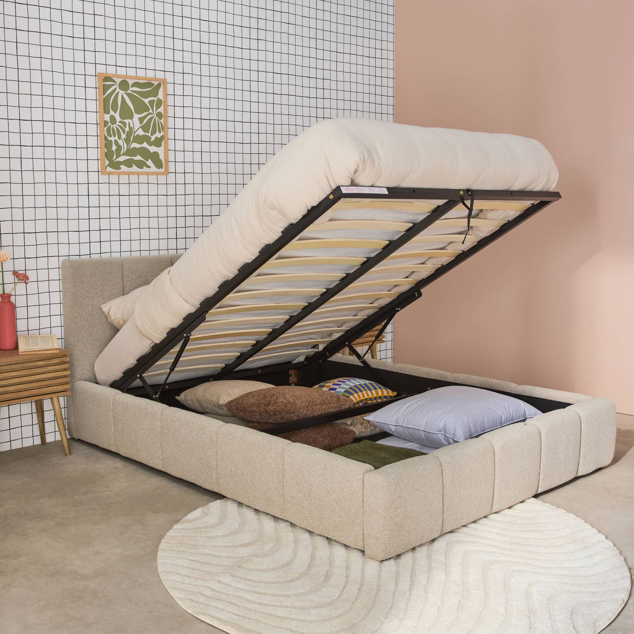 Lit coffre double avec sommier à lattes et tête de lit beige finition bouclette texturée 140x190cm- Lex