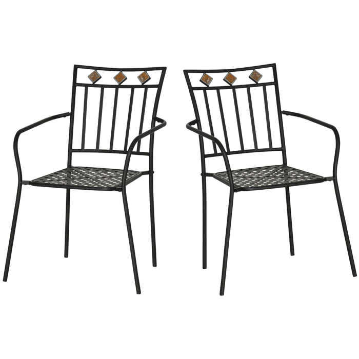 Lot de 2 chaises de jardin métal époxy style fer forgé avec mosaïque - accoudoirs - noir