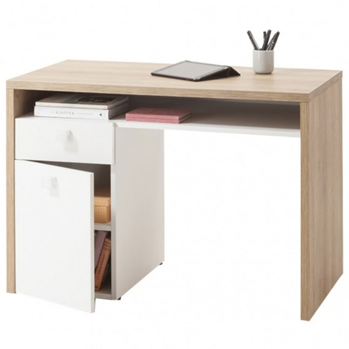 Bureau 1 porte 1 tiroir bois clair et blanc - GLOBE