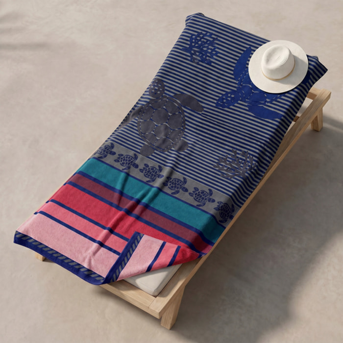 Telo mare in spugna jacquard, 90x165 cm, 100% cotone egiziano, super assorbente e ad asciugatura rapida, fantasia tartarughe intrecciata, morbido e resistente, certificato OEKO-TEX, ideale per spiaggia piscina e viaggio
