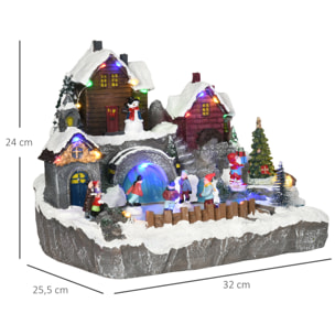 HOMCOM Pueblo Navideño Escena Navideña Iluminado con Luces LED Árbol Giratorio y Pista de Patinaje Decoración Navideña sobre Mesa 32x25,5x24 cm Multicolor