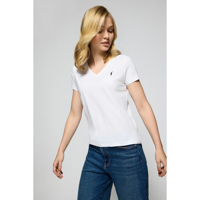 Camiseta blanca de cuello de pico y manga corta con bordado Rigby Go