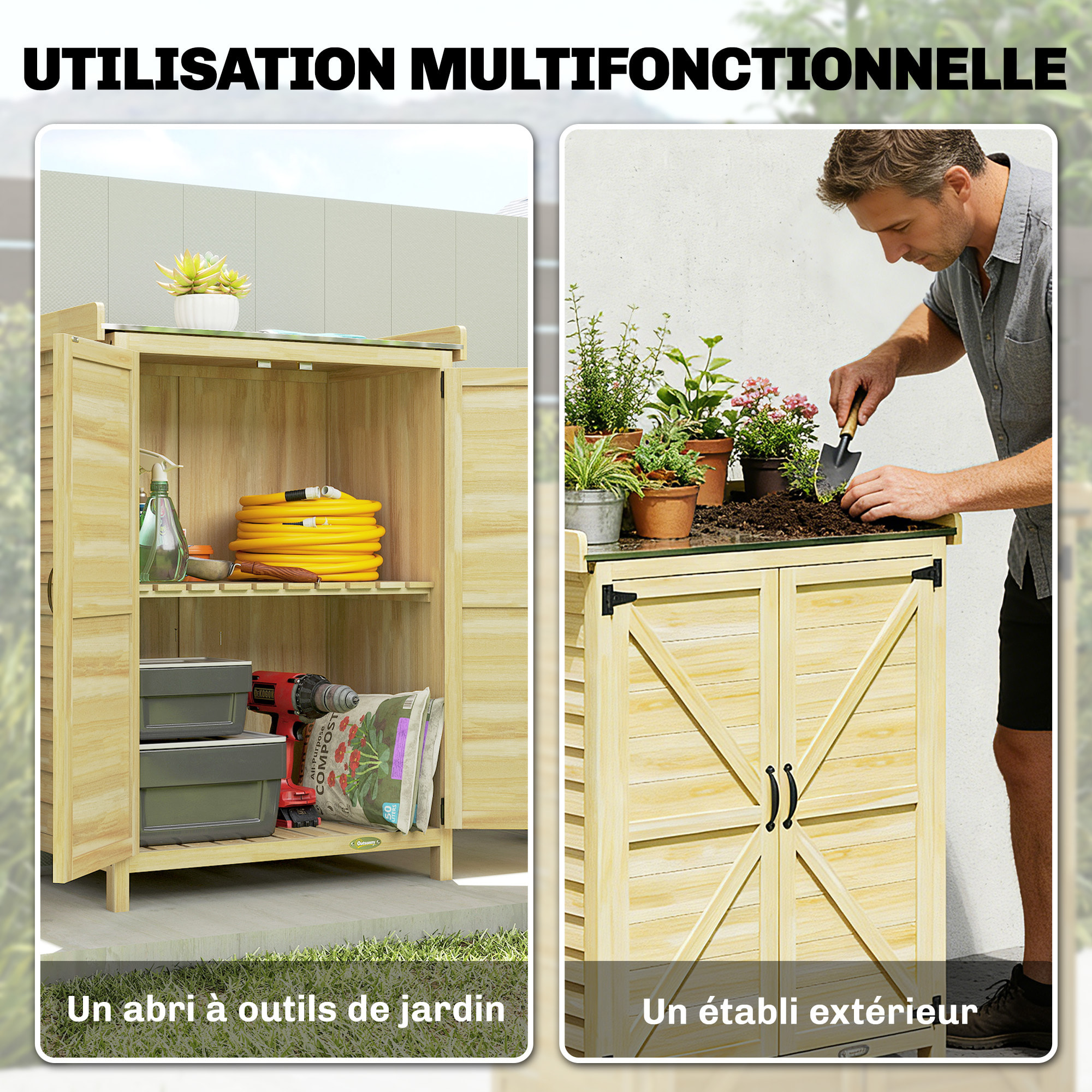 Armoire de jardin bois 2 portes étagère espace rempotage acier galvanisé
