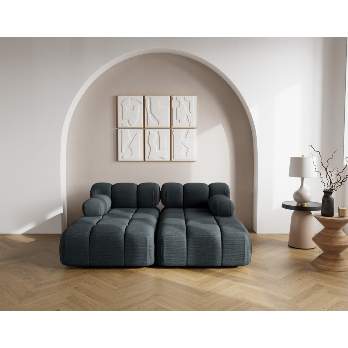Ruby - canapé droit 4 places avec double méridienne - assise profonde - en velours texturé - Noir
