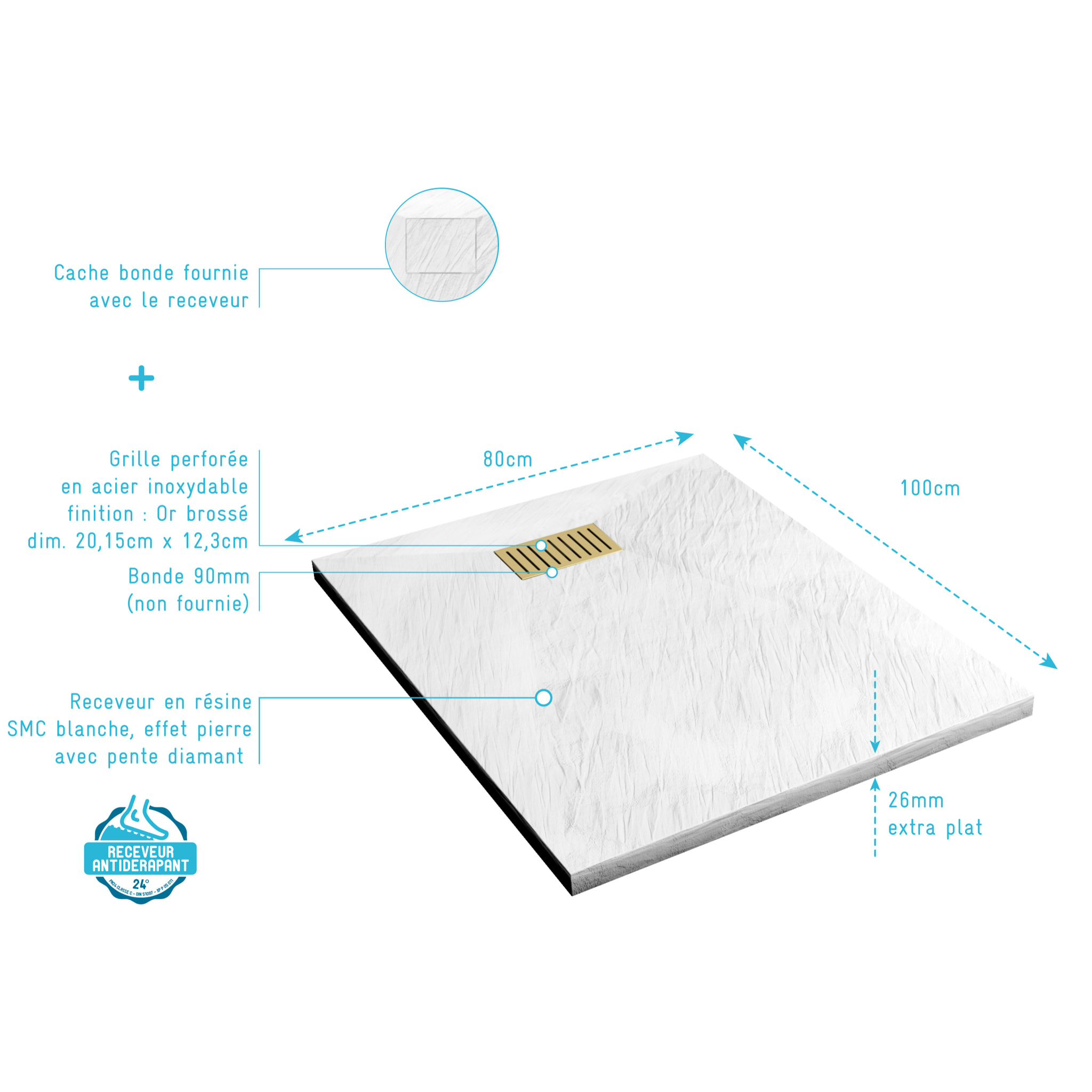 Receveur de douche Blanc Effet Pierre 80x100 cm et Grille décor Linéaire Or Doré Brossé