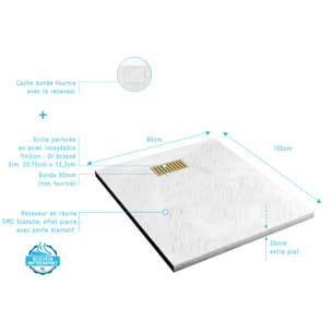 Receveur de douche Blanc Effet Pierre 80x100 cm et Grille décor Linéaire Or Doré Brossé