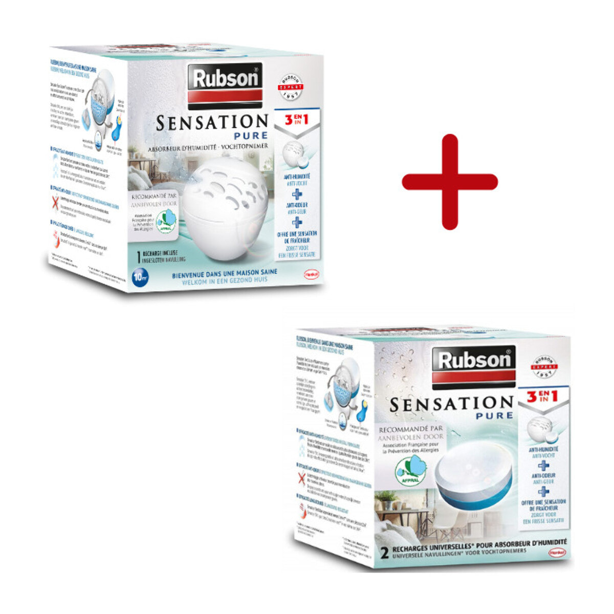 Rubson Absorbeur d'Humidité Sensation Pure 10m², incluant 1 recharge Neutre + Lot de 2 recharges Sensation parfum neutre