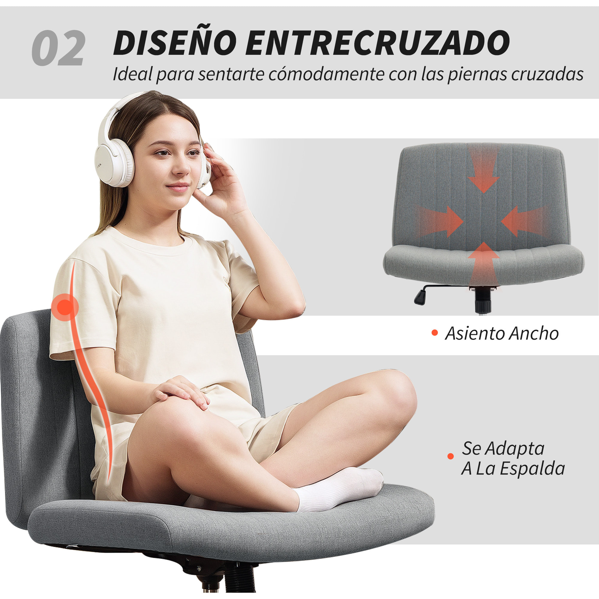 Silla de Oficina sin Brazos, Silla de Escritorio Giratoria con Función Basculante, Piernas Cruzadas, Asiento Ancho y Cómodo, Altura Ajustable, sin Ruedas, para Dormitorio Sala de Estar Gris
