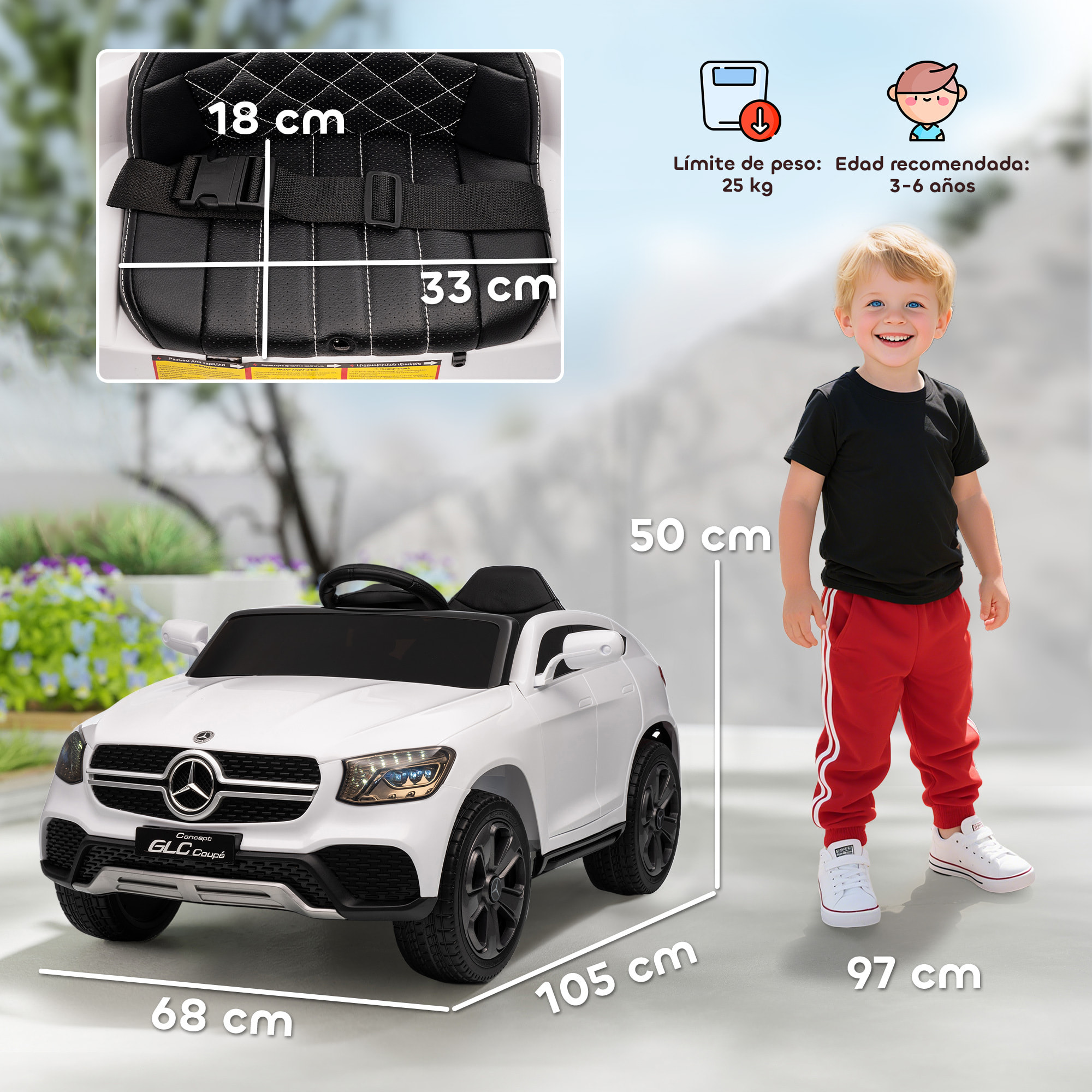 Coche Eléctrico para Niños Mercedes-Benz GLC, Coupé Coche de Batería 12V con Mando a Distancia 2,4 G Motor Doble Arranque Progresivo 3â€“5 km/h Uso 80 Min MP3 Bocina y Faros LED 3-6 Años Blanco