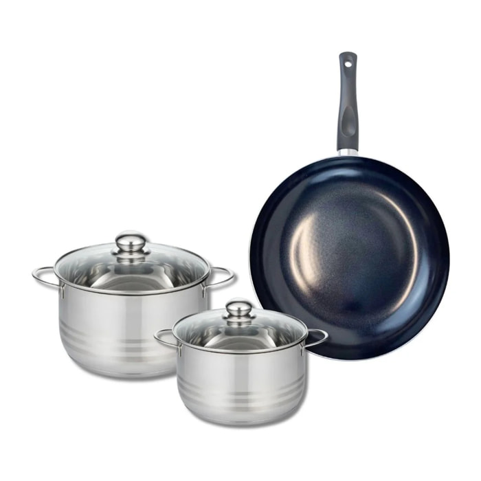 Ensemble de 1 Poêle de cuisson 32 cm et 2 faitouts 20 et 24 cm Elo Prima Brillant