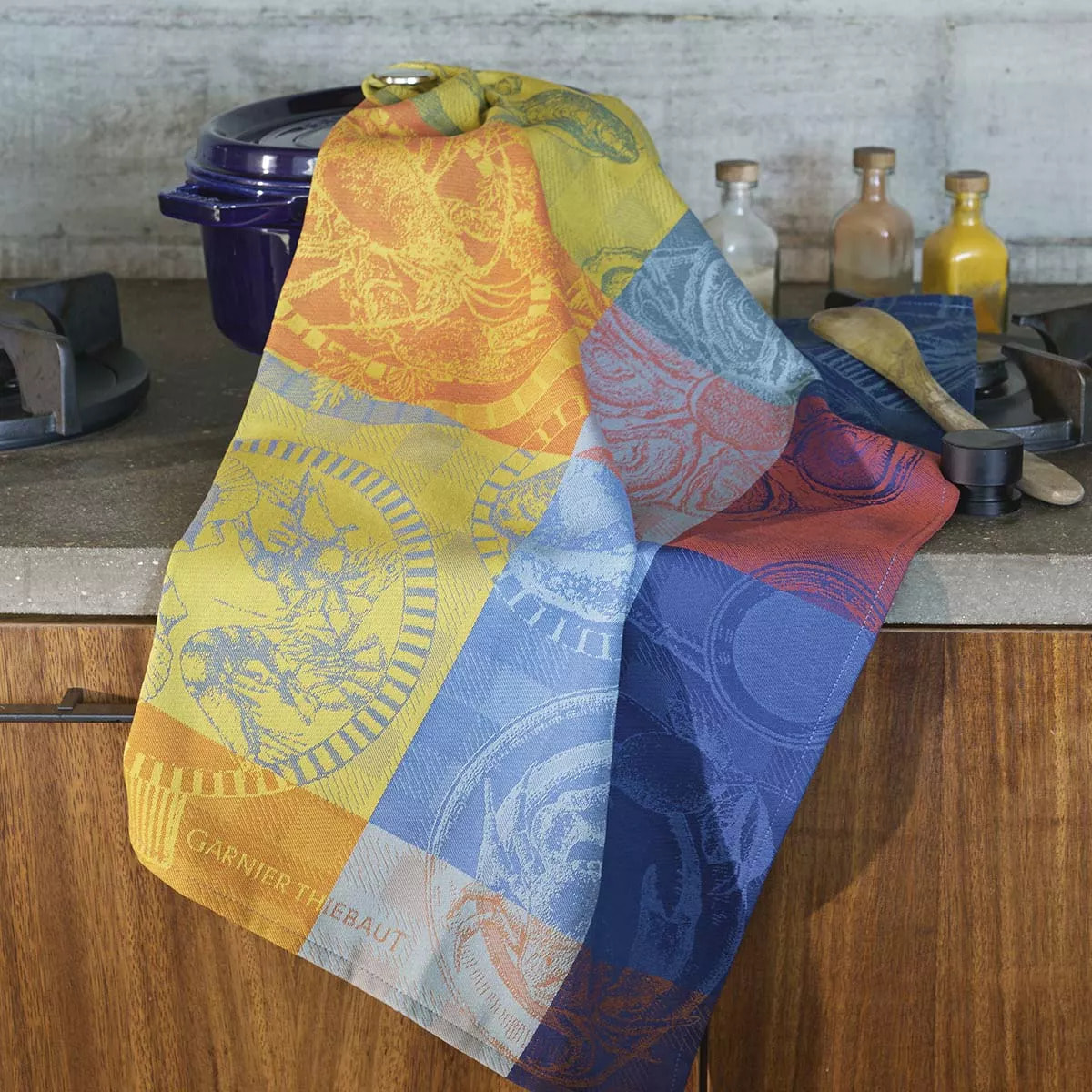 Torchon pur coton motif jacquard bleu jaune Sea food citronne