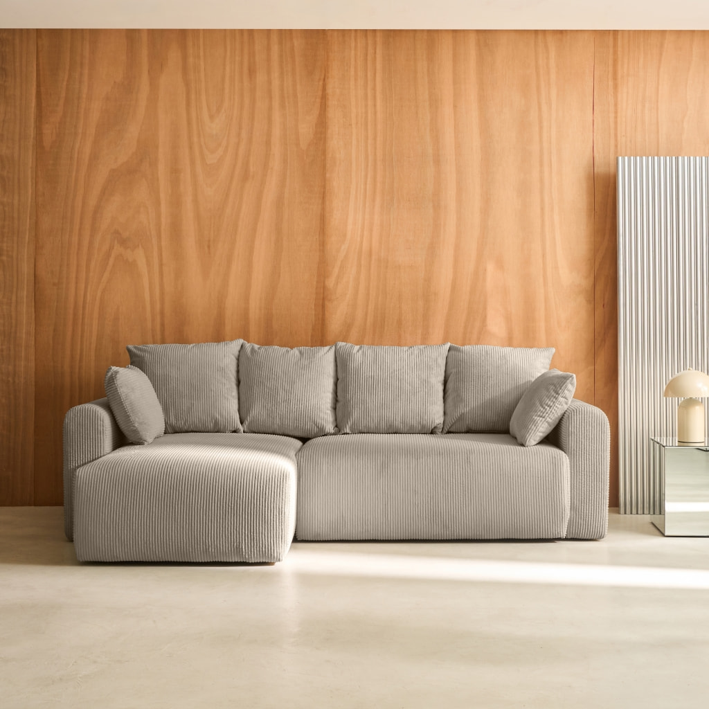 Canapé d'angle convertible réversible 3 places velours côtelé taupe avec coffre de rangement - Almo