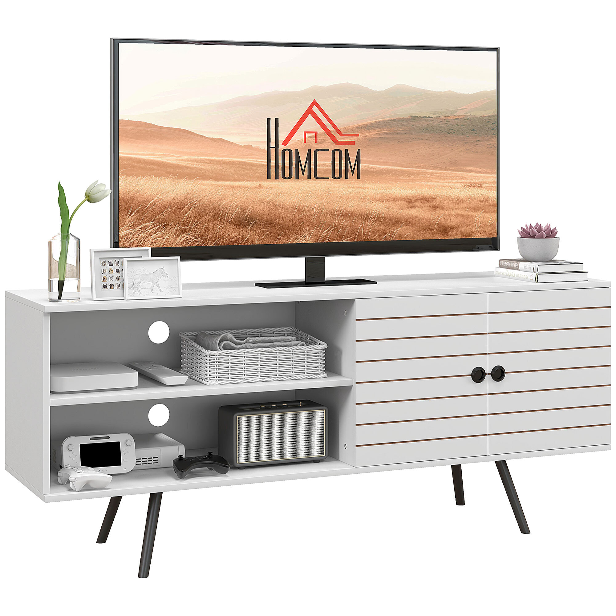 Mueble de TV para Salón Mesa para Televisores de 65 Pulgadas Mueble para TV Moderno con 2 Estantes Abiertos y 1 Estante Ajustable 145x38x65 cm Blanco