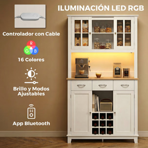 Alacena de Cocina con Iluminación LED Control por APP, Armario Cocina Alta con Encimera para Microondas, Botellero, Puertas de Vidrio, Estantes Abiertos, 3 Cajones, Estantes Ajustables, Blanco