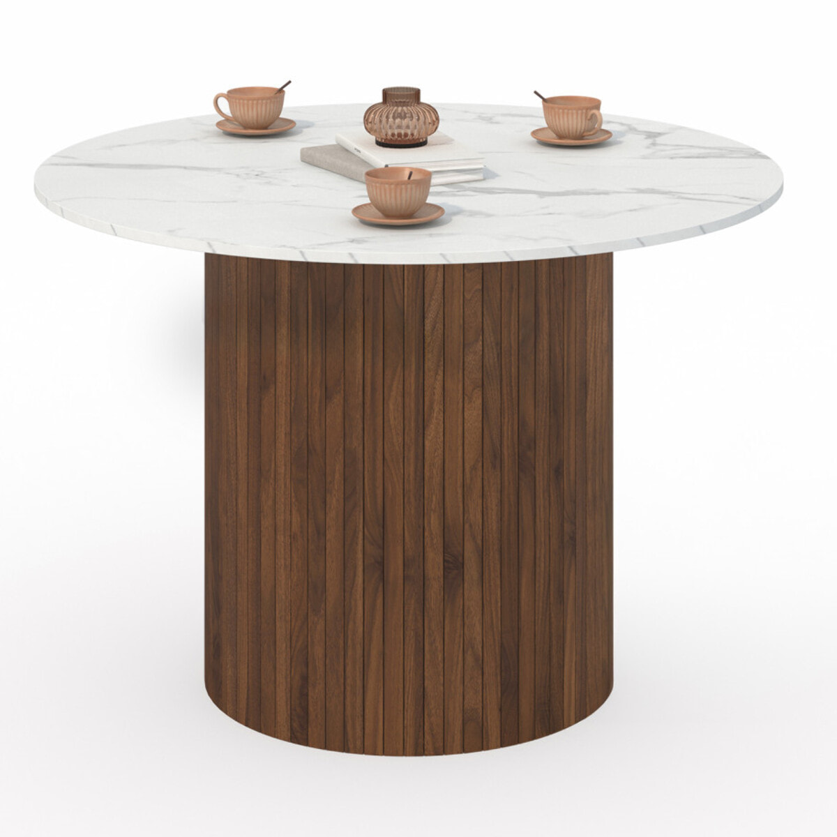 Table à manger ronde Alvar Ø110cm effet marbre et noyer