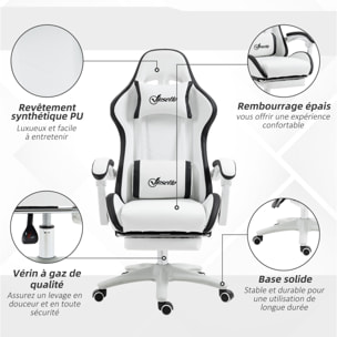 Chaise de bureau gaming - inclinable, pivotant, réglable - coussins lombaires têtière inclus - noir blanc