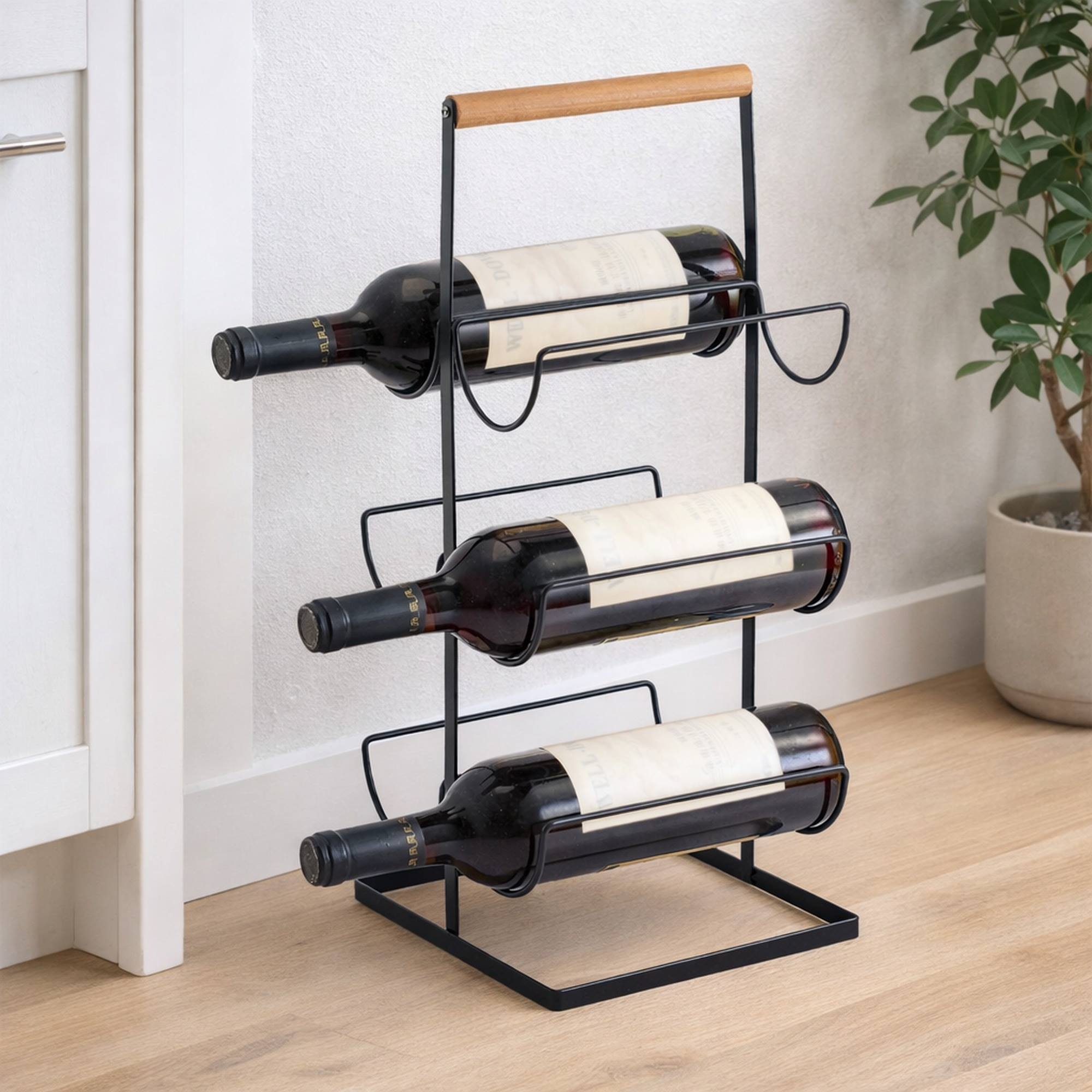 Botellero para 6 Bottellas de 23x20x48,5cm - En metal y bambú de color negro Mate