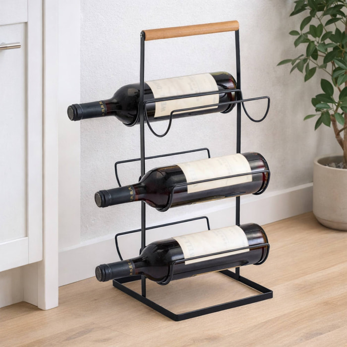 Botellero para 6 Bottellas de 23x20x48,5cm - En metal y bambú de color negro Mate