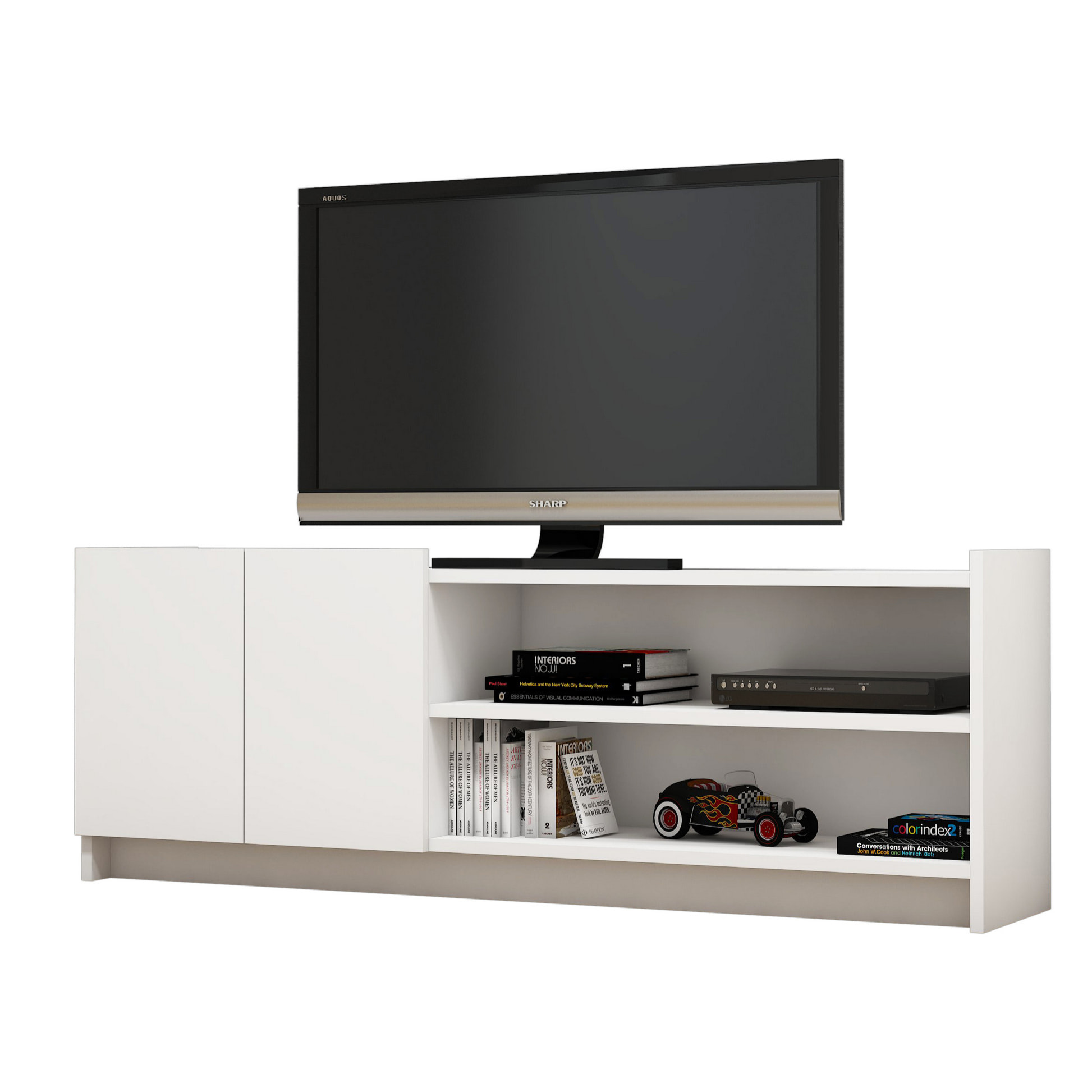 Mesa tv con compartimentos y cajones ,100% tablero de aglomerado rechapado en melamina, color blanco